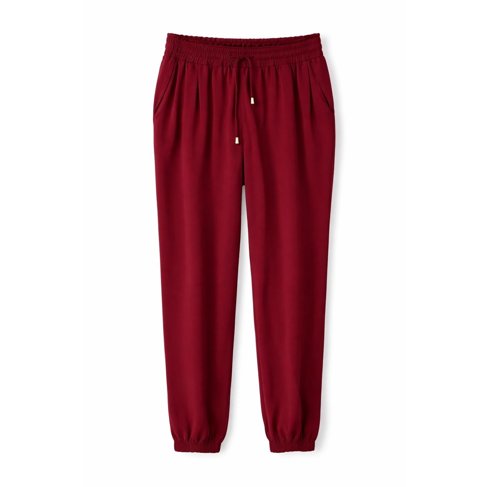 Burgundy Crepe Jogger Pants Elastic Drawstring Waist Wine‎ Red Trousers Size L